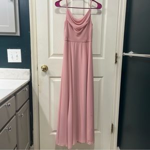pink cowl neck floor length bridesmaid dress with slit and adjustable straps